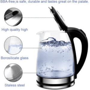 ⁦Winning Star 1500W Electric Kettle, 1.8L High Borosilicate Glass Auto Power Off, Overheat protection, Double Crystalian Control, Anti-Dry Burning Protection, Copper Cord⁩ - الصورة ⁦2⁩