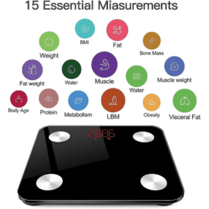 ⁦Digital Smart Bluetooth Body Scale | 180kg Capacity | 15 Measurements | LCD Display | Smartphone APP for Body Weight, Fat, Water, BMI, BMR, Muscle Mass | Tempered Glass | Model YZ-1600D | Black.⁩ - الصورة ⁦2⁩