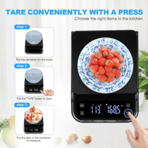 ⁦Digital Kitchen and Coffee Scale | 5KG/0.1g Precision | Rechargeable USB Lithium Battery | LCD Display | 4 Units, Tare, Auto Off, Timer Function | Stainless Steel + ABS plastic | Model RC-X | Black.⁩ - الصورة ⁦4⁩