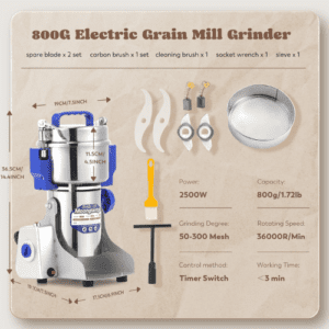 ⁦800g/1.76lb Electric Grain Grinder 50-300 Mesh Herb Spice Mill, Stainless Steel & 2500W 36000rpm Commercial Motor, with Protection of Overload & Open-Cover-Stop (800g Swing Type)⁩ - الصورة ⁦6⁩