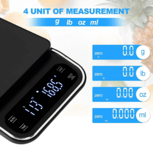 ⁦Digital Kitchen and Coffee Scale | 5KG/0.1g Precision | Rechargeable USB Lithium Battery | LCD Display | 4 Units, Tare, Auto Off, Timer Function | Stainless Steel + ABS plastic | Model RC-X | Black.⁩ - الصورة ⁦6⁩