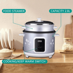⁦Winning Star ST-9309 2.8L Straight Rice Cooker | 1000W, Non-Stick Coating | SS Steamer| Aluminum Inner Pot | Circulation Heating | 220-240V | BS Plug | Gray with printing⁩ - الصورة ⁦6⁩