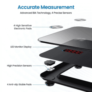 ⁦Digital Smart Bluetooth Body Scale | 180kg Capacity | 15 Measurements | LCD Display | Smartphone APP for Body Weight, Fat, Water, BMI, BMR, Muscle Mass | Tempered Glass | Model YZ-1600D | Black.⁩ - الصورة ⁦7⁩
