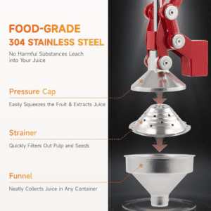 ⁦Commercial Grade Citrus Juicer Professional Hand Press Manual Fruit Juicer Orange Juice Squeezer for Lemon Lime Pomegranate (Red Cast Iron/Stainless Steel)⁩ - الصورة ⁦8⁩