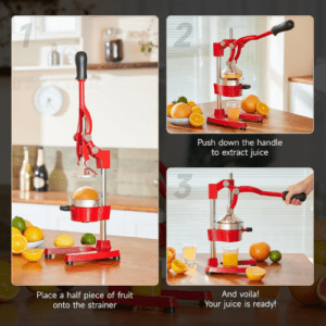 ⁦Commercial Grade Citrus Juicer Professional Hand Press Manual Fruit Juicer Orange Juice Squeezer for Lemon Lime Pomegranate (Red Cast Iron/Stainless Steel)⁩ - الصورة ⁦9⁩